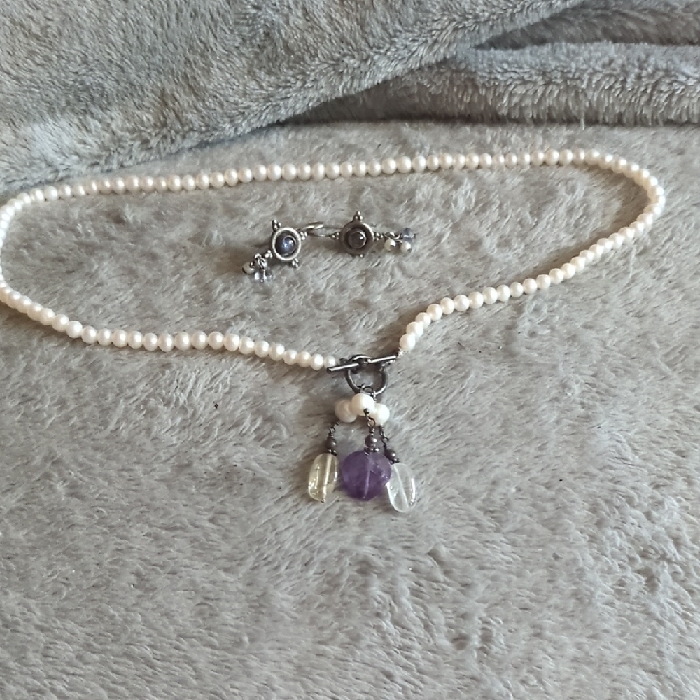 Vtg Sterling Silver Pearl and Amethyst Necklace